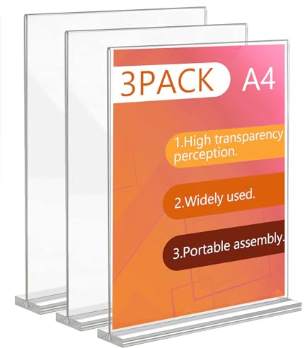Zefphxs A4 Acrylic Sign Holder, 3 Pcs Clear Double Side Menu Holders, A4 Display Stand Perspex Display Stands for Poster, Restaurant, Office, Exhibition, Store