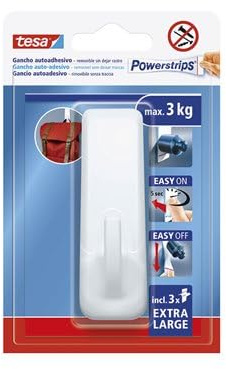 tesa Powerstrips Gancio Adesivo XL Rettangolare - Ganci Autoadesivi con Tenuta Extraforte - Ganci a Muro Riutilizzabili per Bagno e Cucina - Montaggio senza Forare - Bianco - 1 Gancio, 3 Powerstrips