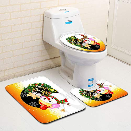 Bad Teppiche Set Orange Schneemann Badezimmerteppich Waschbar WC Vorleger mit Ausschnitt und WC Deckelbezug 3 Teilig Badematte rutschfest Toilettensitzbezug Badgarnitur 45x75 cm