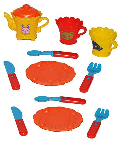 alles-meine.de GmbH 16 TLG. Set - Puppengeschirr - Teekanne + Zuckerdose + Teller + Tassen + Besteck - aus Kunststoff/Plastik - Geschirr - Kindergeschirr/Kaffeeservice/Tees..