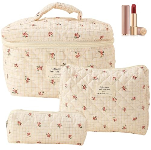 3 Stück Reise Kosmetiktasche Damen,Blumen-Kosmetiktasche, Kosmetiktaschen-Set, Gesteppte Damen, große mit Reißverschluss – Karierte Blume