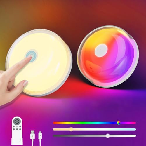 2 Stück Schrankbeleuchtung mit Fernbedienung Nachttischlampe Touch Dimmbar LED Akku Wandleuchte Magnetisch RGB Farbwechsel Nachtlicht USB Aufladbar Vitrinenbeleuchtung für Schlafzimmer Treppe Flurlamp