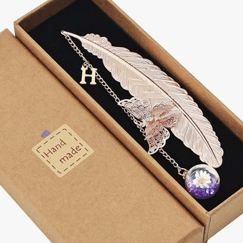 Snylcce Einzigartige Cute Letter Metall Feder Blume Vintage Lesezeichen, Perfekte Strumpf Stuffers für Freunde Ideal Geburtstag Geschenkideen mit Buchstaben H