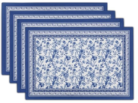 Blue Floral Branches Placemats Set of 4 ，12 x 18 Inch Chinoiserie Table Mats Washable Heat Resistant Linen Fabric Rectangle Place Mat for Indoor Outdoor Kitchen Dining Home Decor