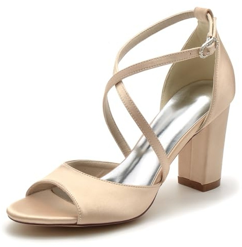 smlekwc Mujer Correa Cruzada Zapatos De Vestir De Boda Peep Toe Sandalias De Novia De Satén Tacón Alto De Bloque Zapatos De Noche Fiesta De Graduación