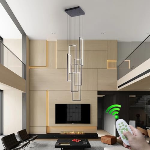 Stesulfr Moderner LED Kronleuchter mit Fernbedienung Foyer Kronleuchter für hohe Decken 6 Lichter 3000–6500K dimmbar großer Kronleuchter Treppenhaus Pendelleuchte für Eingangsbereich Wohnzimmer Villa
