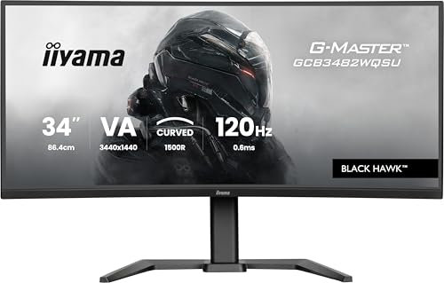 iiyama G-Master Black Hawk, VA courbé 1500R, 3440x1440@120Hz, 0.6ms, FreeSync Premium, 500cd, Haut-parleurs, DP, HDMI, USB HUB (2x3.2, 2xType C), 15cm Pied en réglable en Hauteur, ecran pc Gamer