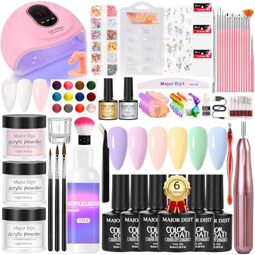Major Dijit Gel Nagel Set mit UV-LED-Lampe, Weiß & Pink & Klar Acrylpulver, Nagelkunst-Glitzer, Basis- und Überlack, Nageldesign-Werkzeuge