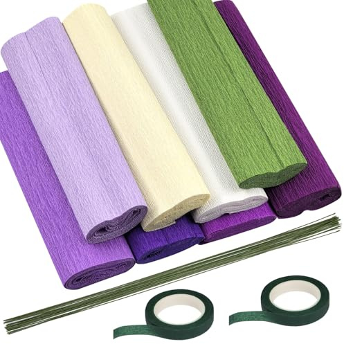 Swpeet 30pcs 8Colors 9,8 x 98 tums crepe pappersark rullar med blomstrande stamtråd och blomstrande tejp sortiment kit, 8,2 fots crepe pappersrullar blomma arrangemang kit