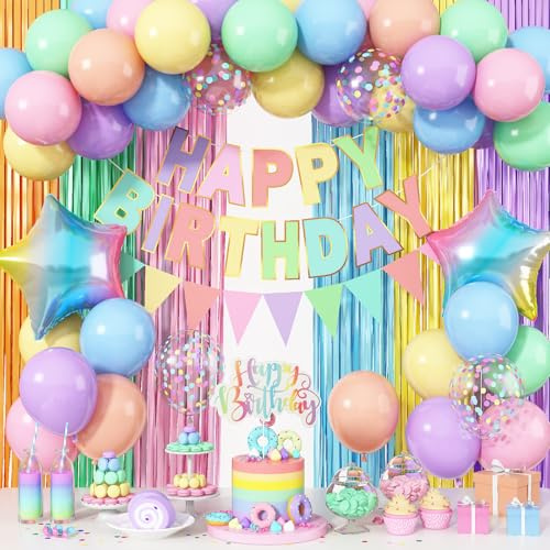 Jobkoo Pastel Birthday Decorations for Girls, Macaron Rainbow Pastel Color Balloons Reusable Happy Birthday Banner Sign Fringe Curtain Backdrop Cake Toppers for Kid Spring Baby Shower Party Decoration