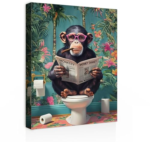 Galmcook Badezimmer Wandbild Leinwandbild mit Rahmen Lustiger Affe auf Toilette – Humorvolles Kunstdruck Dekobild für Bad, Gäste WC oder Toilette Wanddeko mit Haken und Nägeln 30x40 cm