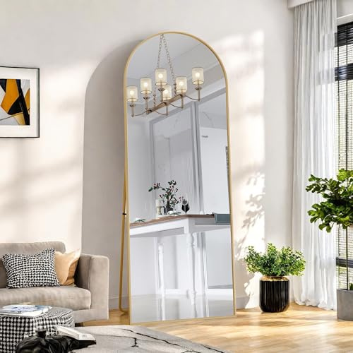 Yeutre Miroir sur Pied 162 x 53 cm Miroirs Pleine Longueur Arqué avec Cadre en Métal Miroir Intégral Miroirs incliné ou Suspendu pour Salon, Chambre, Entrée (Doré, 162 x 53 cm)