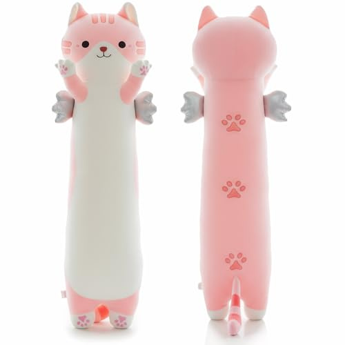 ZOMAXTOY Long Cat Plush Pillow with Wings Soft Kitty Stuffed Animal Toy Giant Cuddly Kitten Cushion for Kids Adults Bedroom Decor (Pink, 60cm/23.62in)