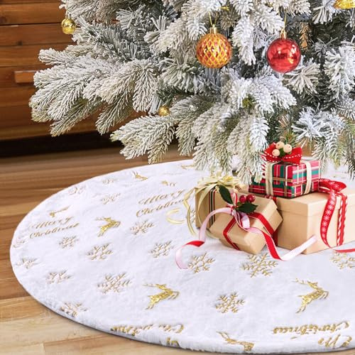 LOMOHOO Christmas Tree Skirt 90cm/36inch with Gold Sequin Snowflake Print, White Plush Double Layers Christmas Tree Base Cover Xmas Tree Skirt for Christmas Party New Year Holiday Home Decoration