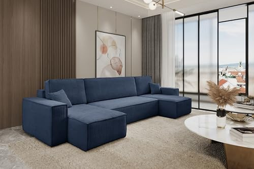 Best For Home – Ecksofa Karl mit Schlaffunktion | L-Form Sofa mit Bettkasten | 3-Sitzer Schlafsofa & Gästebett | Bequemes Wohnzimmermöbel | Modernes, U-förmiges Couch-Design in Blau