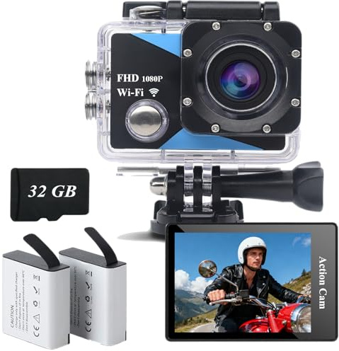 Nvgfelis Camara Deportiva, WiFi Camara acuatica HD 1080P con Tarjeta de 32GB, Camara Moto con Accesorios Cámara Casco Moto, Action CAM con 2 baterías de 1050mAh y Accesorios Multiples