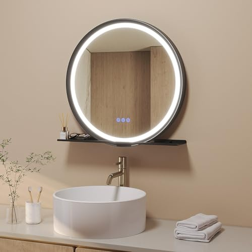 AQUABATOS Badrumsspegel, rund, svart, med belysning och hylla, 60 cm, aluminiumram, sned design, direkt LED-belysning, 3 ljusfärger, imfri, touch, dimbar för väggströmbrytare