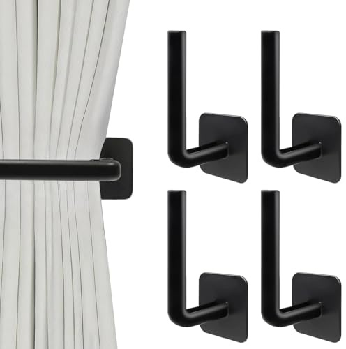 Vorhang Raffhalter, Gardinenhaken Selbstklebend, Ohne Bohren, Gardinenhalter Wand, L-Förmig Vorhang Halter für Dekorieren von Vorhängen und Aufhängen von Gegenständen (4, Schwarz)