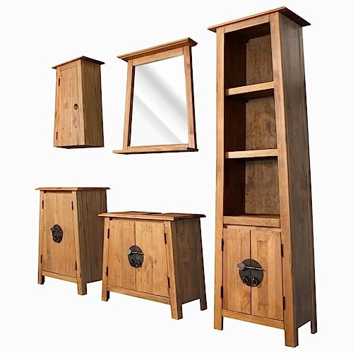 Bucmath Set di mobili da bagno in legno massello di pino, per lavabo rustico, mobiletto alto, pensile, specchio da bagno, look vintage, robusto e durevole