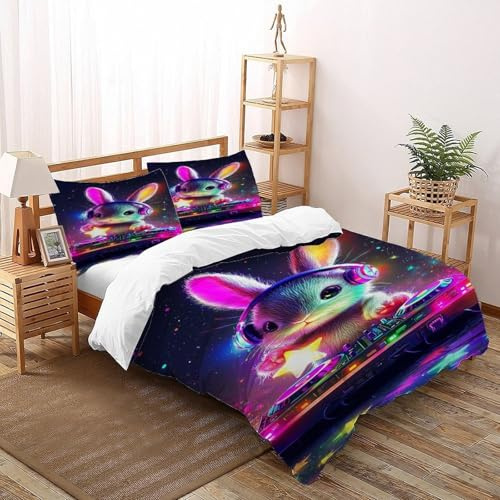 DICENOR Equipaggiamento Bunny DJ Set Di Biancheria Da Letto in Morbida Microfibra animali carini Set Copripiumino Reversibile 3 Pezzi Per Bambini,adulti (2 Federa 50x75) Double（200x200cm）