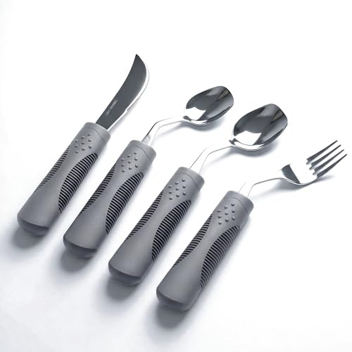 Curavita Cubiertos Adaptados con Peso para Temblor de Manos y Párkinson – Cuchillo Basculante a 42°, Cuchara con Borde Alto, 71 g (Gris, para Zurdos)