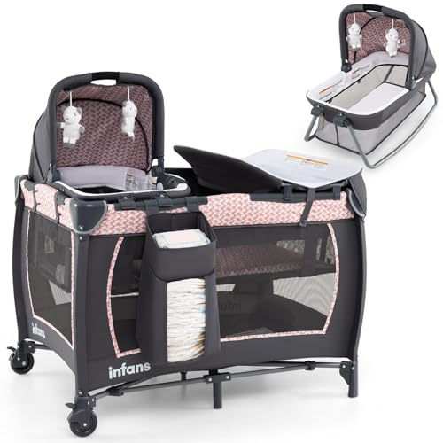 RELAX4LIFE 5 en 1 Cuna Bebé con Moisés, Cambiador, Colchón, Juguetes Colgantes, Bolsa de Transporte, y Ruedas con Frenos, Cuna de Viaje Portátil y Plegable para Bebé 0-36 Meses (Rosa)