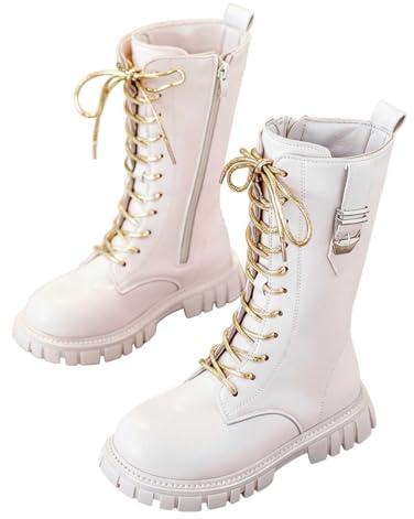 Generico Stivali Bianchi Bambina Invernali Ragazze Retro Lunghi Alti al Polpaccio Stivaletti in Pelle Bambini Autunno Laterali Zip Antiscivolo Comodi Eleganti, Antiscivolo