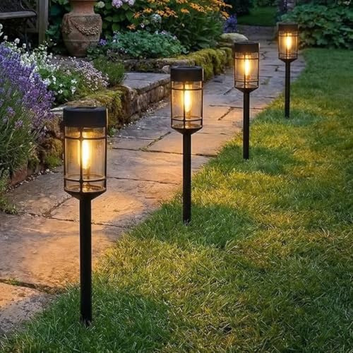 Festive Lights Pack of 4 Solar Lantern Garden Stake Lights - 46cm Black Filament Effect Path Lights, Warm White LED, Outdoor Walkway & Border Lighting, IP44 Waterproof Landscape Lights