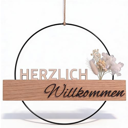 Türkranz ganzjährig „Herzlich Willkommen“ – Moderner Türkranz Willkommen aus Eiche mit Trockenblumen – Willkommensschild Haustür & Haustür Deko