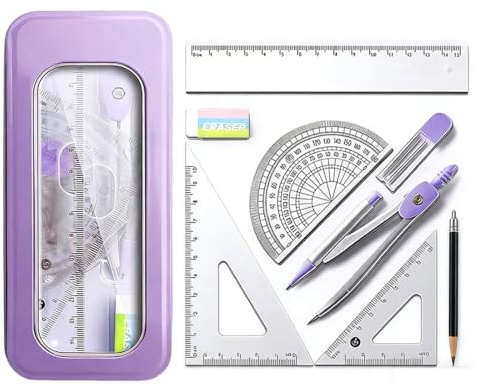 8 Stück Metall Zirkel und Winkelset für Schule und Büro mit praktischem Etui – Komplettes Geometrie-Set (Lineal, Winkel, Geodreieck, Zirkel, minimalistisches Design) –Lila