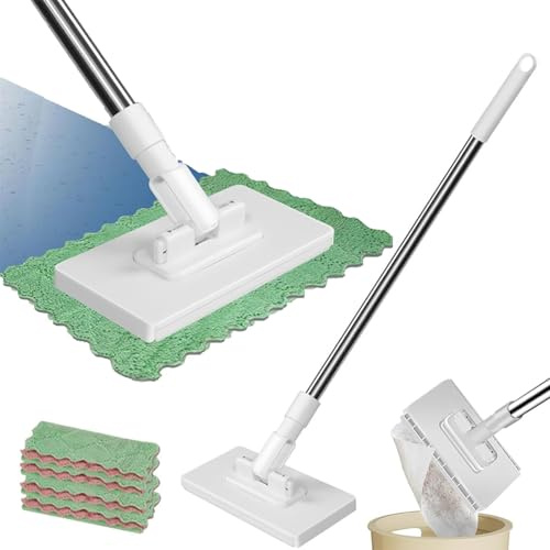 Mini Wischmopp mit Druck-Klemm-System, Bodenwischer mit Teleskopstiel, 1-Knopf-Wechsel ohne Händewaschen, automatischer Klemmtuch-Mopp, inkl. 10 Wiederverwendbare Mikrofasertücher für Haushalt & Büro