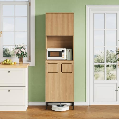 staronce Armario de cocina estrecho con bandeja de basura y microondas, armario alto de 181 cm, estantes ajustables, espacio para robot aspirador, aspecto de roble y negro, 53 x 35 x 181 cm