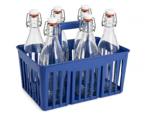 mille idee Cestello Portabottiglie con 6 Bottiglie in Vetro da 1 Litro Costolate – Tappo Ermetico a Pressione – Cassetta in Plastica con Maniglia – Colore Blu o Rosso (Blu Palace)