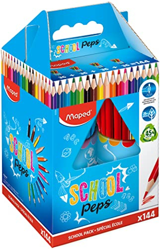 Maped - Crayons de Couleur Color'Peps - crayon Triangulaire Ergonomique aux Couleurs Vives - Conforme à La Réglementation Des Jouets - Coffret Ecole de 144 Crayons en Bois - 4 Pots