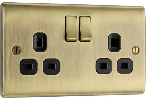 BG Electrical Double Switched Power Plug Wall Socket, Nexus Metal, Antique Brass, 13A, NAB22B