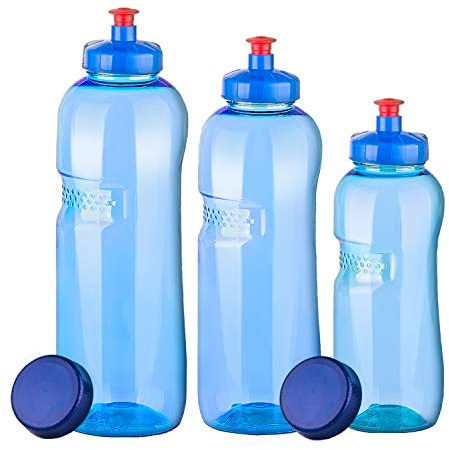 3 x Kavodrink Trinkflaschen aus TRITAN 100% ohne Weichmacher im Sparset: 1x1 Liter (rund), 1x 0,75 Liter (rund), 1x0,5 Liter (rund) + 3 Standarddeckel + 3 Trinkdeckel (Push PULL)