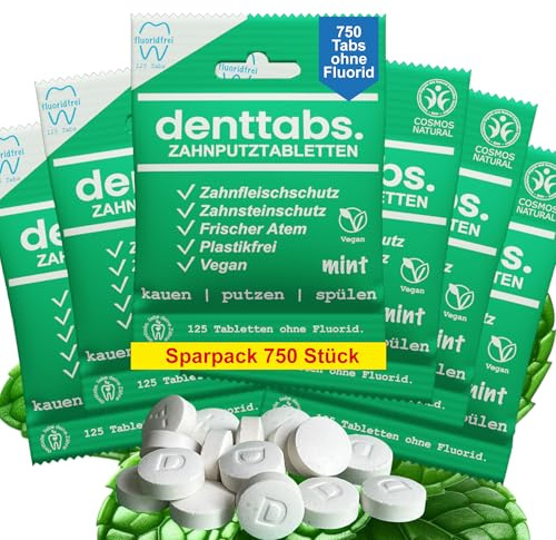 DENTTABS Zahnputztabletten fluoridfrei 750 Stk | Vegan | Naturkosmetik | Sparpack im kompostierbaren Beutel