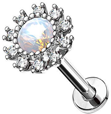 Piercingfaktor Piercing Stab mit Opal Blume Lippe Ohr Labret Tragus Helix Knorpel Stecker Lippenpiercing Ohrpiercing Silber 8mm
