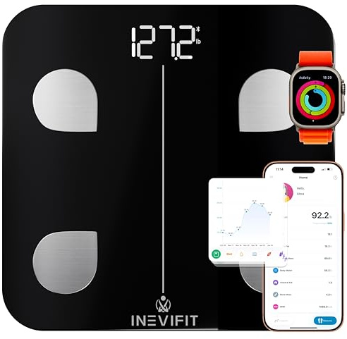 INEVIFIT Smart Body Fat Scale, Highly Accurate Bluetooth Digital Bathroom Body Composition Analyzer, Measures Weight, Body Fat, Water, Muscle, Visceral Fat & Bone Mass for Unlimited Users (Black)