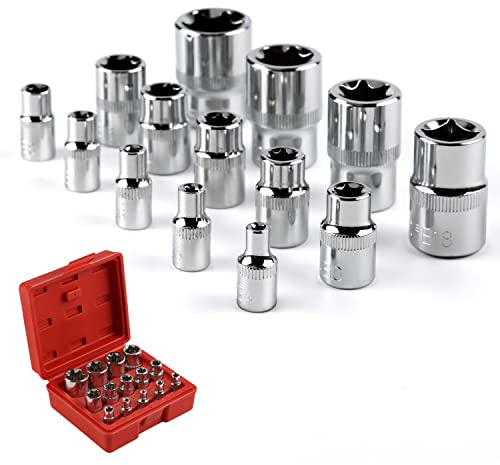 Douilles étoiles, 14 douilles étoiles E-Torx femelles SOONAN Coffret de Douille Torx en Forme Etoile en Cr-V acier, 3 Spécifications 1/4, 3/8, 1/2, avec Boîte Pratique