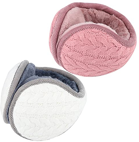 2 Stk Ohrenschützer Damen Winter Faltbare Ohrenwärmer Plüsch Ohrenschützer Outdoor Fleece Ohrenschützer Warme Strick-Ohrenschützer Frauen Herren Ohrenschützer zum Skifahren Gehen Laufen Pink und Weiß