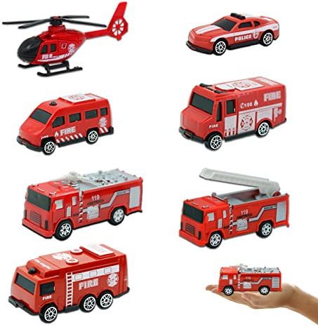 LAPONO Fire Engine Truck Toys 7Pcs, Mini Emergency Vehicle Model Set Rescue Car for kids 3-8 year olds fire station playset with plane fire engines Gift for Kid Child Boy Girl Birthday Christmas Party