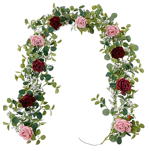 Anna's Whimsy 5.91FT Artificial Eucalyptus Garland with Flowers, Fake Rose Gypsophila, Faux Floral Garland Greenery for Wedding Spring Party Art Table Runner Decor (Pink, 1)