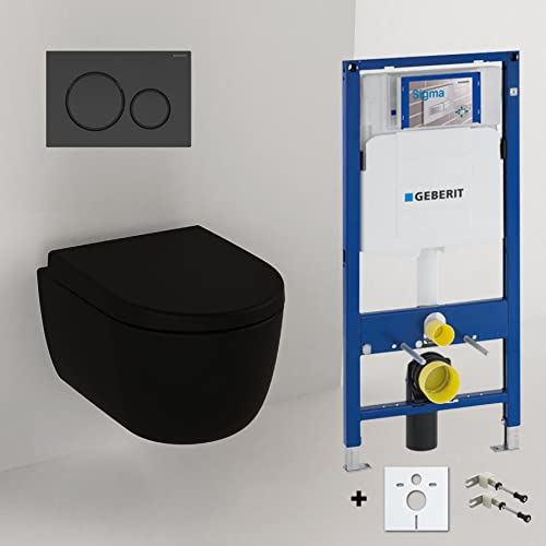 Spülrandloses Hänge Wc mit Spülkasten I Randloses Hänge WC Komplettset Schwarz Matt 49cm I Wand WC ohne Spülrand mit GEBERIT UP320 Vorwandelement und Sigma 20 Betätigungsplatte