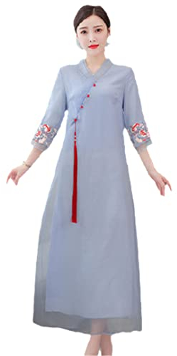 Midi Dress Loose V Collar Chinese Style Hanfu Dress Girls Chiffon Elegant Three Quarter Sleeve Floral Embroidery Women Biru muda XXXL