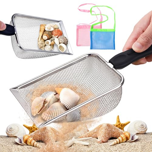 TUSAUW 2Pcs Beach Mesh Sholve and 2Pcs Mesh Bag for Shell Collecting, Beach Mesh Shell Bag for Picking Up Shells, Shark Tooth Sifter, Shells Collecting Scooper, Sand Filter for Picking Up Shells