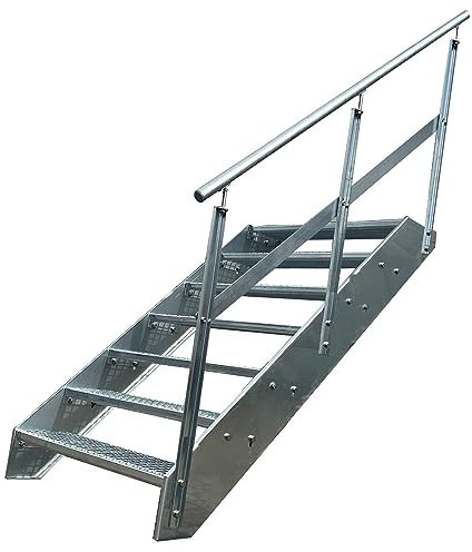 Premium Caillebotis acier Escalier à limon 7 Marches Entièrement galvanisé avec garde-corps à droite - Dimensions (L x l x H) 139cm x 140cm x 133cm