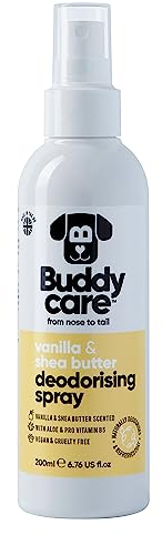 Buddycare Desodorierungsspray für Hunde – Vanille & Sheabutter – Süßes und pflegendes Desodorierungsspray für Hunde – Mit Aloe Vera und Pro Vitamin B5 (200 ml, 1 Stück)