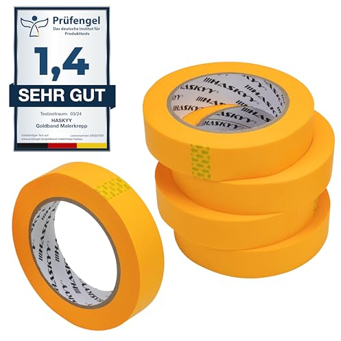 HASKYY Goldband Malerkrepp Kreppband 5x Malerband 25mm x 50m Profi Abdeckband Malertape Klebeband Washi Tape Gold Papiertape Selbstklebend