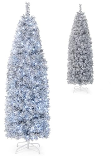 COSTWAY Árbol de Navidad Blanco y Negro 180cm, Arbol de Navidad Slim/Estrecho con Luces Incorporadas, 250 Luces Blancas Frías, 475 Ramas de PVC y Pet, Arvore de Natal Soporte de Metal Casa/Oficina